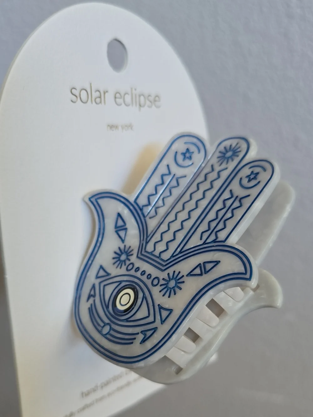 Solar Eclipse White and Blue Hamsa Hand Hair Clip